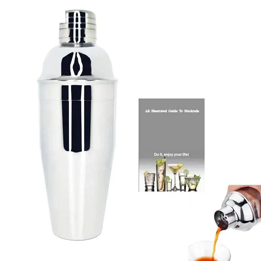 6-Piece Cocktail Shaker & Bar Tool Set — shaker with illustrated mocktail recipe guide