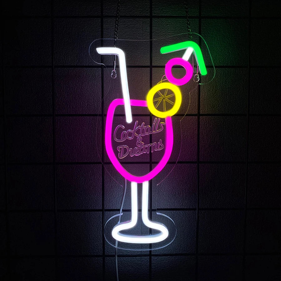 Cocktail glass LED neon sign with straw and citrus, lit in pink, white, yellow and green