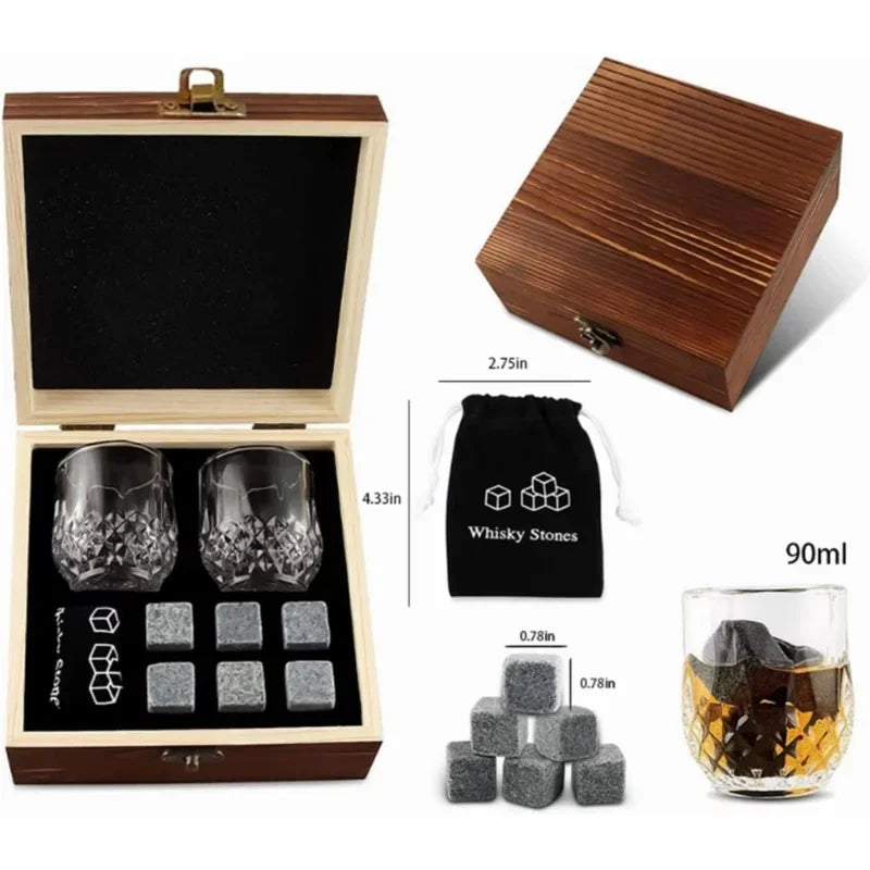 Whiskey stones set with dimensions: 90ml glasses, granite stones and velvet pouch beside closed wooden box