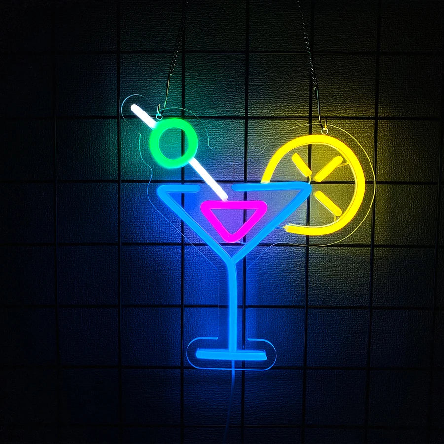 Martini glass LED neon sign with olive and lemon slice, lit in blue, green and yellow