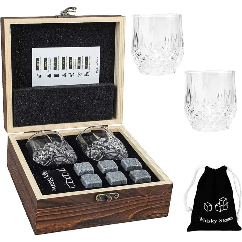 Whiskey stones gift set in open wooden box with two crystal-cut glasses, six granite stones and velvet pouch